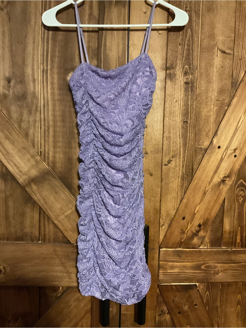 Honey and Rosie Lilac Lace Ruched Mini Dress